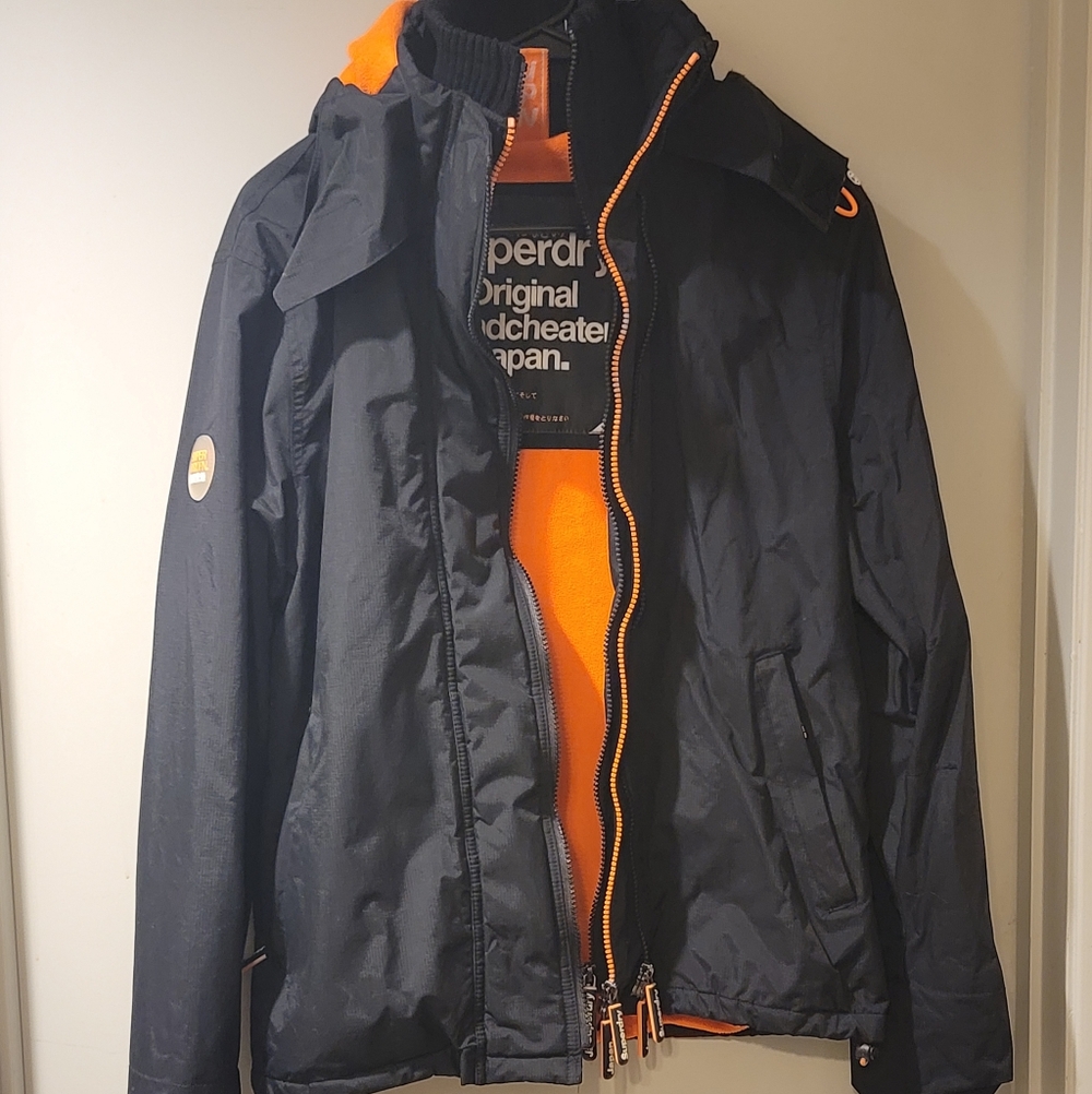 Superdry Original Windcheater Japan Jacket Black/Orange Fleece Lined Mens Small